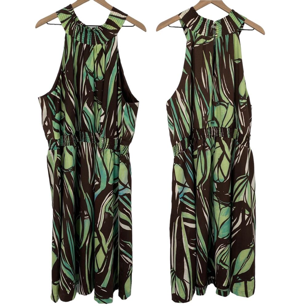 Lane Bryant Halter Fit & Flare Mini Dress Printed Green Brown Abstract NEW 26/28